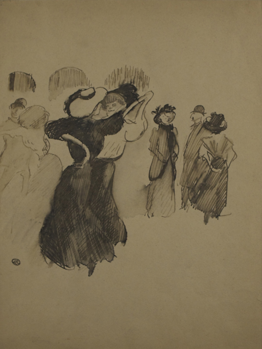 Ludovic-Rodo Pissarro (1878-1952), 'Les Élégantes au Bal.' Inkwash on paper, 12 ½ x 9 ⅜ inches (31.6 x 23.7 cm), framed 21 ½ x 18 ⅝ inches (54.7 x 47.4 cm). Signed with estate stamped monogram lower left. Executed circa 1905. Image courtesy Stern Pissarro Gallery